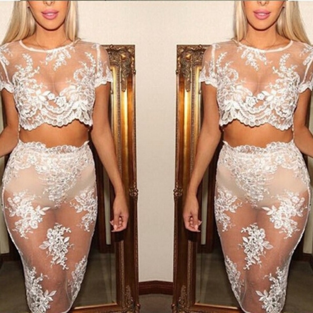 New Sexy Embroidery Lace Mesh Two Piece Dress